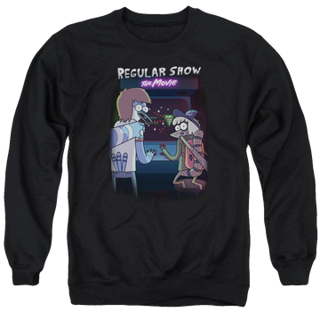 Black men's crewneck sweatshirt with Regular Show Rs The Movie graphic