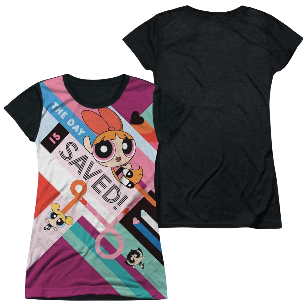 Powerpuff Girls The Day Is Saved Juniors Black Back T-Shirt Juniors Black Back T-Shirt Powerpuff Girls   