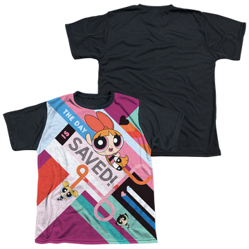 Powerpuff Girls The Day Is Saved youth black back t-shirt for ages 8 to 12
