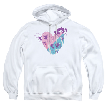White pullover hoodie with Powerpuff Girls Powerpuff Heart graphic