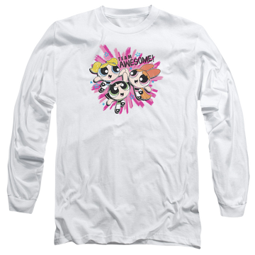 White men's long sleeve t-shirt with Powerpuff Girls Team Awesome graphic