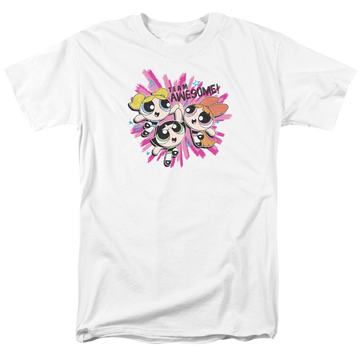 White men's regular fit t-shirt with Powerpuff Girls Team Awesome graphic
