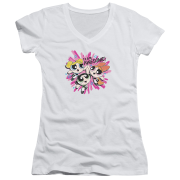 White juniors v-neck t-shirt with Powerpuff Girls Team Awesome graphic