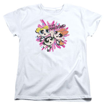 White women's t-shirt with Powerpuff Girls Team Awesome graphic