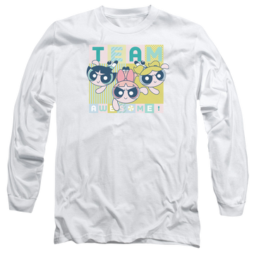 White men's long sleeve t-shirt with Powerpuff Girls Awesome Block graphic