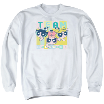 White men's crewneck sweatshirt with Powerpuff Girls Awesome Block graphic