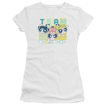 White juniors t-shirt with Powerpuff Girls Awesome Block graphic