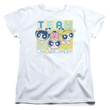 White women's t-shirt with Powerpuff Girls Awesome Block graphic