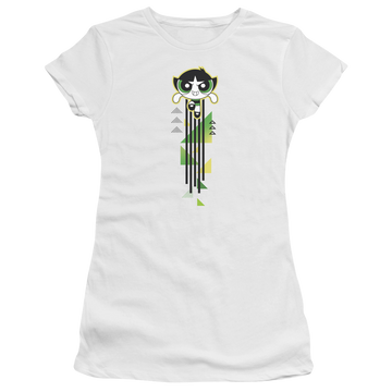 White juniors t-shirt with Powerpuff Girls Buttercup Streak graphic