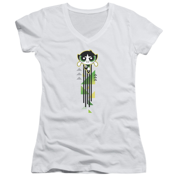 White juniors v-neck t-shirt with Powerpuff Girls Buttercup Streak graphic
