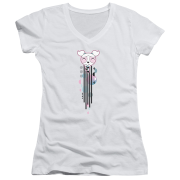 White juniors v-neck t-shirt with Powerpuff Girls Bubbles Streak graphic
