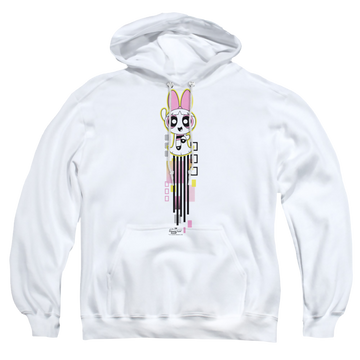 White pullover hoodie with Powerpuff Girls Blossom Streak graphic