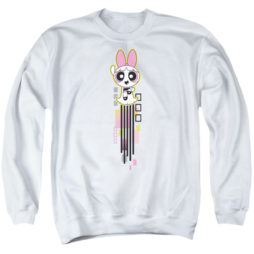 White men's crewneck sweatshirt with Powerpuff Girls Blossom Streak graphic