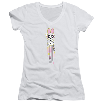 White juniors v-neck t-shirt with Powerpuff Girls Blossom Streak graphic