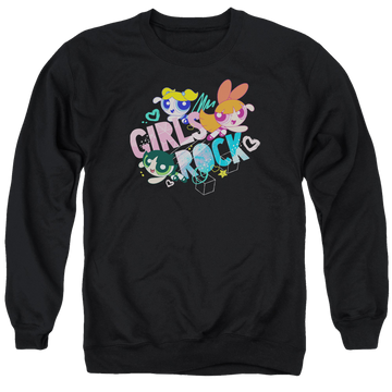 Black men's crewneck sweatshirt with Powerpuff Girls Girls Rock graphic