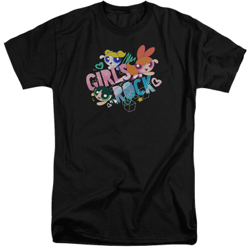 Black men's tall fit t-shirt with Powerpuff Girls Girls Rock graphic
