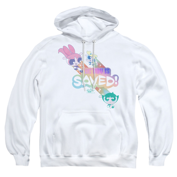 White pullover hoodie with Powerpuff Girls The Day Is Saved graphic