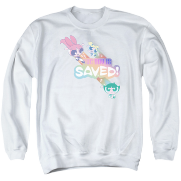 White men's crewneck sweatshirt with Powerpuff Girls The Day Is Saved graphic