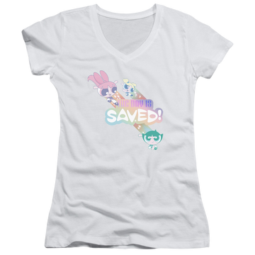 White juniors v-neck t-shirt with Powerpuff Girls The Day Is Saved graphic