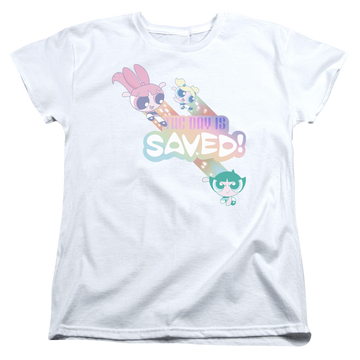 White women's t-shirt with Powerpuff Girls The Day Is Saved graphic