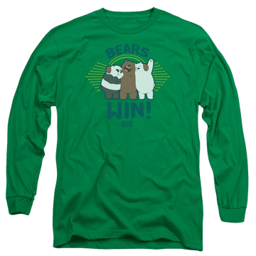 Kelly green men's long sleeve t-shirt with We Bare Bears Bears Win graphic