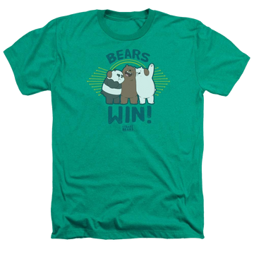 Kelly green men's heather t-shirt with We Bare Bears Bears Win graphic