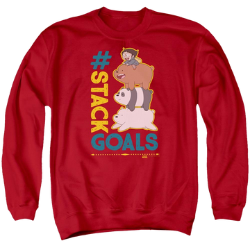 Red men's crewneck sweatshirt with We Bare Bears Stack Goals graphic