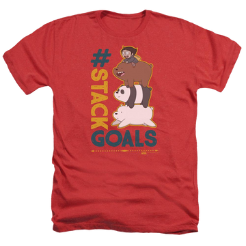 Red men's heather t-shirt with We Bare Bears Stack Goals graphic