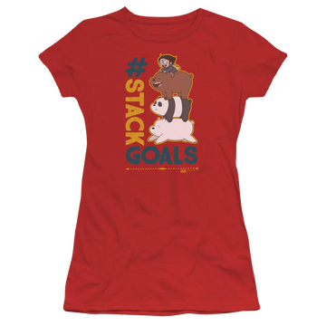 Red juniors t-shirt with We Bare Bears Stack Goals graphic