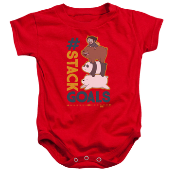 Red baby bodysuit with We Bare Bears Stack Goals graphic