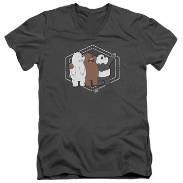 Charcoal men's v-neck t-shirt with We Bare Bears Selfie graphic