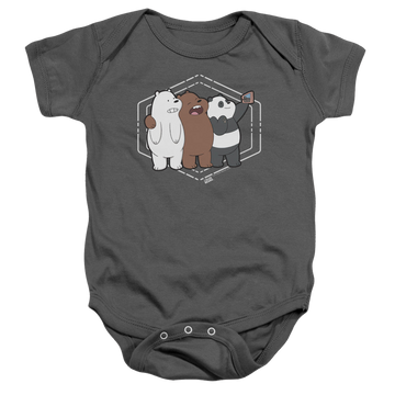 Charcoal baby bodysuit with We Bare Bears Selfie graphic