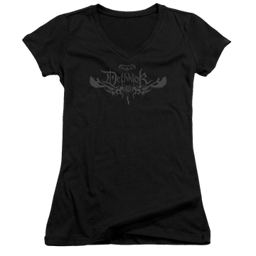 Black juniors v-neck t-shirt with Metalocalypse Dethklok Logo graphic