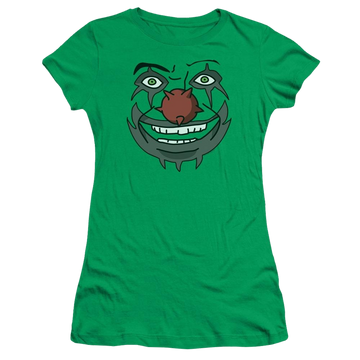 Kelly green juniors t-shirt with Metalocalypse Doctor Rockso graphic