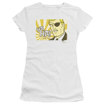 White juniors t-shirt with Harvey Birdman Phil Ken Sebben graphic