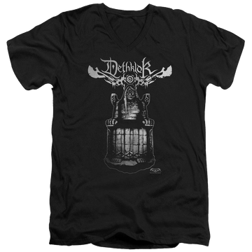 Black men's v-neck t-shirt with Metalocalypse Statue graphic