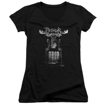 Black juniors v-neck t-shirt with Metalocalypse Statue graphic