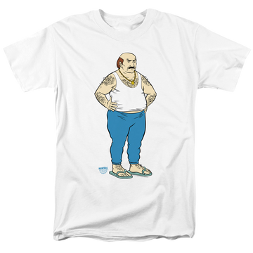 White men's regular fit t-shirt with Aqua Teen Hunger Force Carl graphic