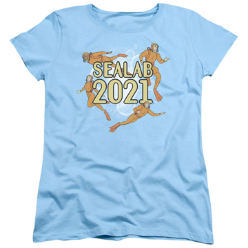 Light blue women's t-shirt with Sealab 2021 Suit Up graphic