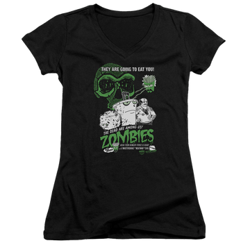 Black juniors v-neck t-shirt with Aqua Teen Hunger Force Zombies graphic