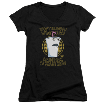 Black juniors v-neck t-shirt with Aqua Teen Hunger Force Stop graphic