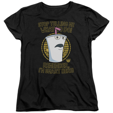 Black women's t-shirt with Aqua Teen Hunger Force Stop graphic