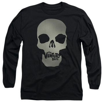 Black men's long sleeve t-shirt with The Venture Bros Skull Logo graphic