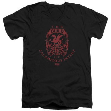 Black men's v-neck t-shirt with The Venture Bros Build graphic