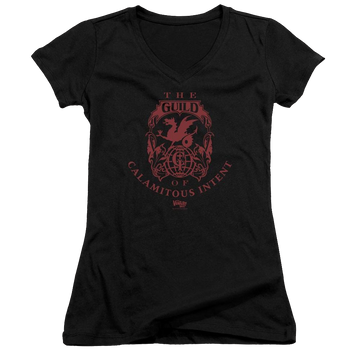 Black juniors v-neck t-shirt with The Venture Bros Build graphic