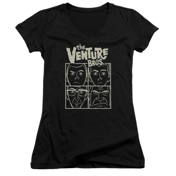 Black juniors v-neck t-shirt with The Venture Bros Venture graphic