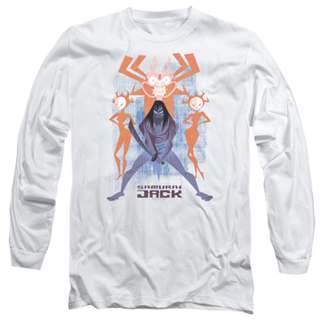 White men's long sleeve t-shirt with Samurai Jack Jack Vs Evil graphic
