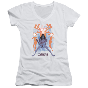 White juniors v-neck t-shirt with Samurai Jack Jack Vs Evil graphic