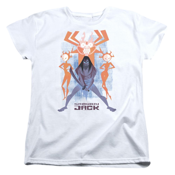 White women's t-shirt with Samurai Jack Jack Vs Evil graphic