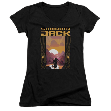 Black juniors v-neck t-shirt with Samurai Jack Sunrise graphic